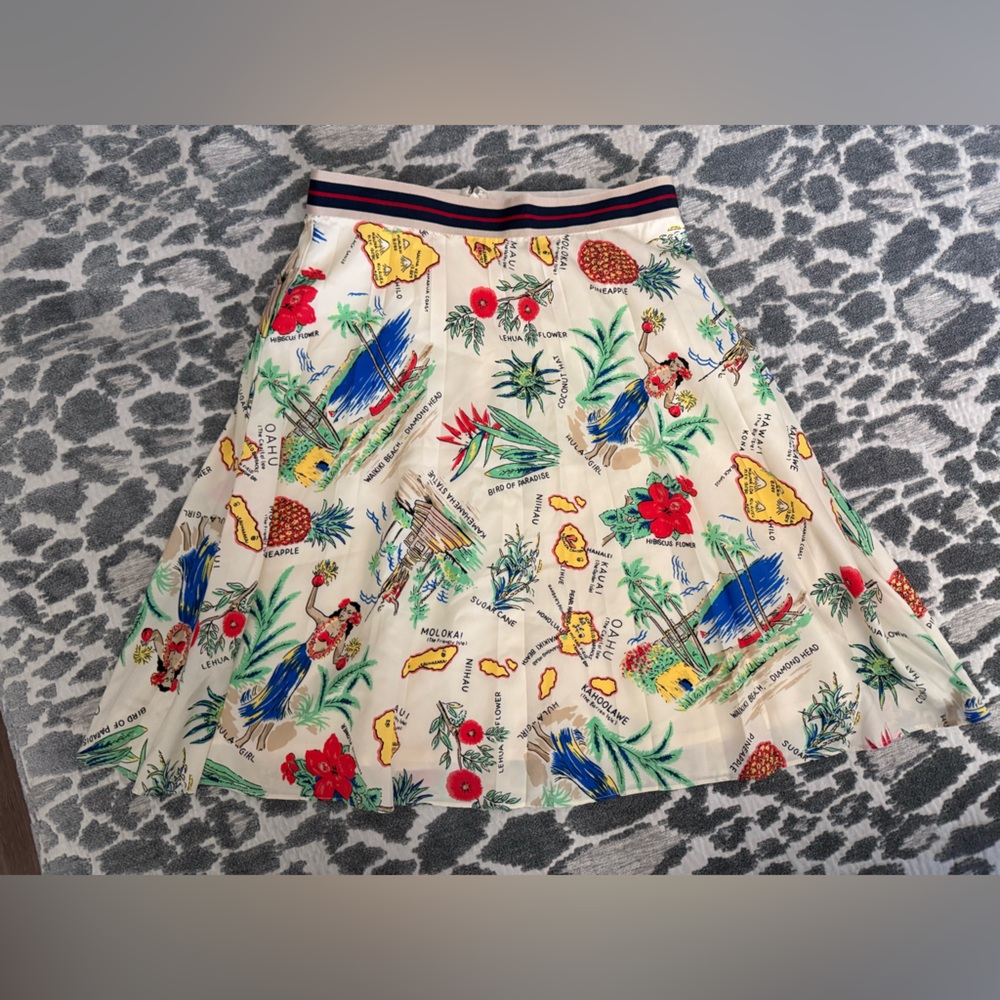 J. Crew Hawaiian Pleated Skirt Waikiki Maui Hula Print Size 00 Lined - Picture 1 of 3